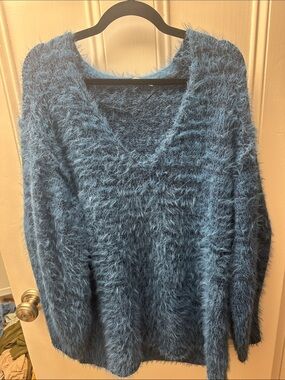 Free People Plush V-Neck Fuzzy Sweater in Teal